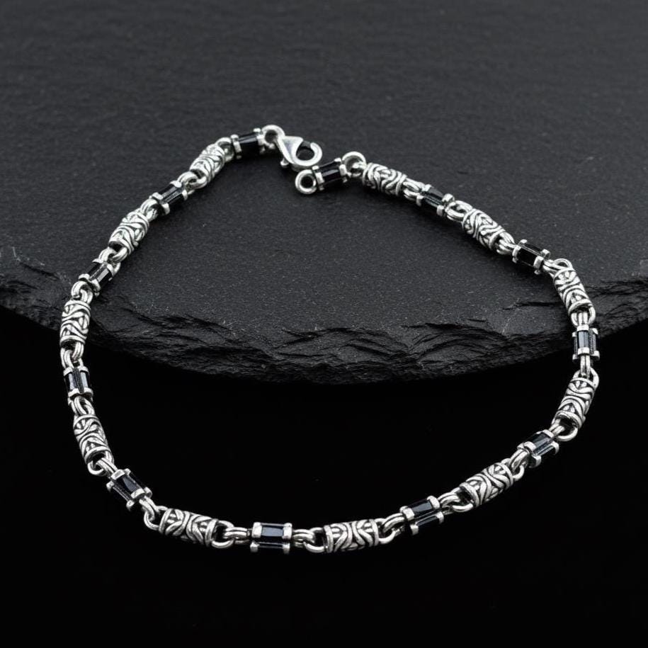 Bracciale a catena in argento 925 con onice nero inciso, bracciale a catena bizantina a maglie da uomo, bracciale a catena fatto a mano, catena da uom