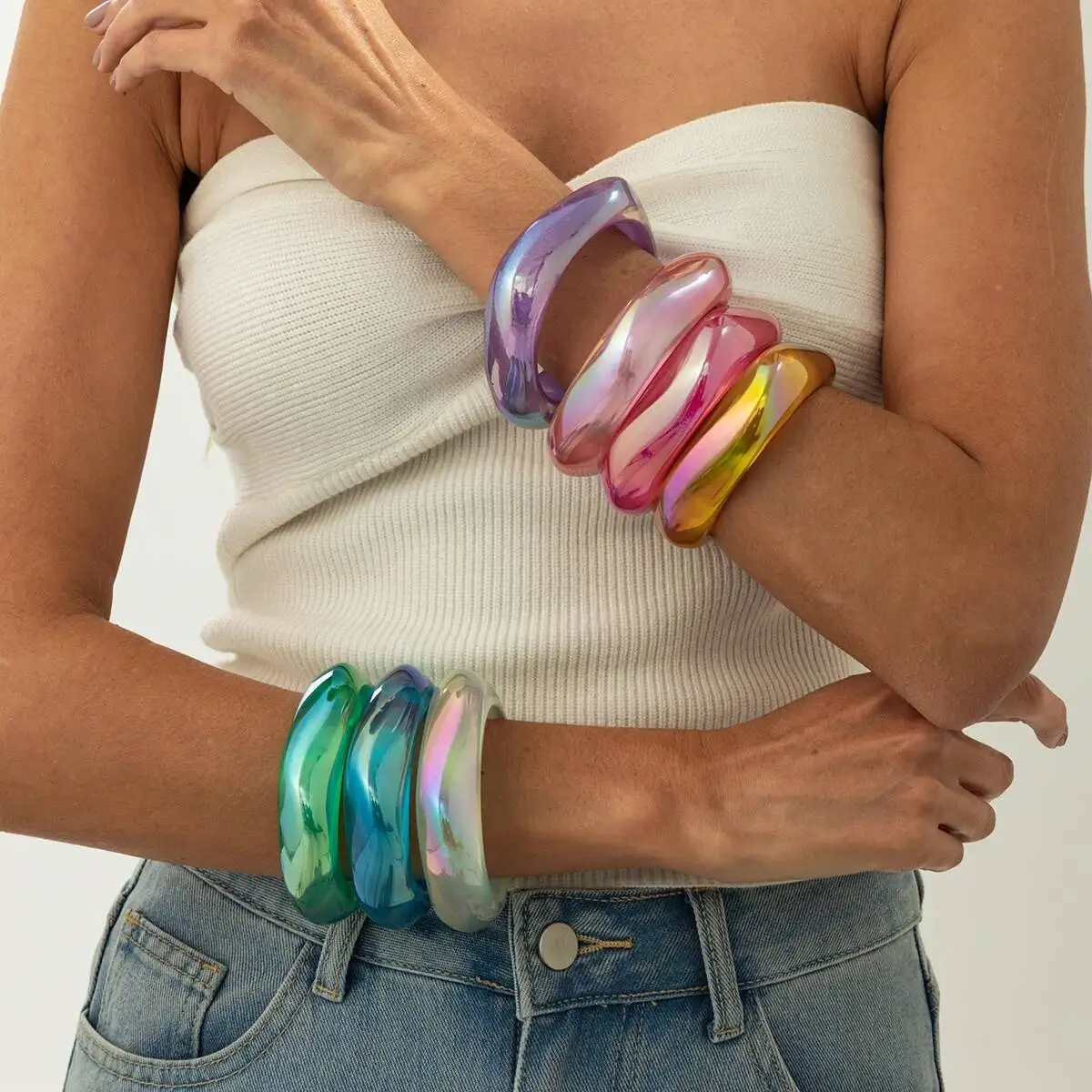 IngeSight.Z Trendy 7 Stile Bunte Transparente Harz Unregelmäßige Geometrische Armreifen Frauen Boho Chunky Breite Armbänder Schmuck Geschenk Image