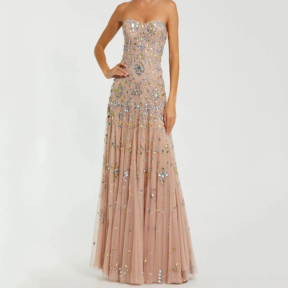 Damen-Abendkleid in Rouge, trägerlos, mit Kristallen, mit Blumen verziert, Tüll, A-Linie, formelles Kleid für Abschlussball, Gala, Hochzeit, Gast, Party Image