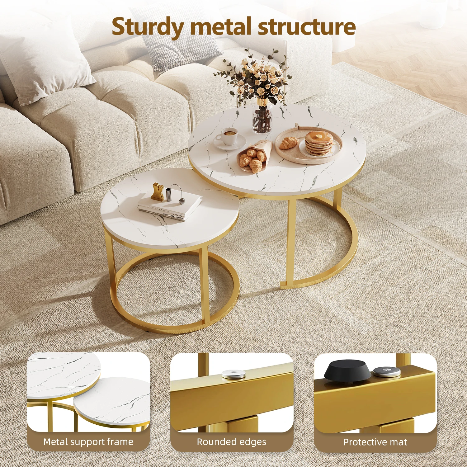 Daccormax 2-in-1-Couchtisch, weiß, modernes kreisförmiges minimalistisches Design, platzsparender Luxus-Couchtisch für das Wohnzimmer