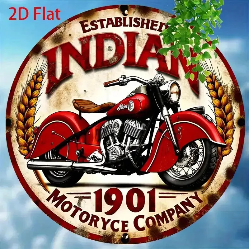 Vintage Indian Motorcycle 1901 Metall-Wandkunst-Schild, 8x8 Zoll Retro-Design mit rotem Motorrad & Weizen, langlebige Leinwand gerahmte Dekoration für Image