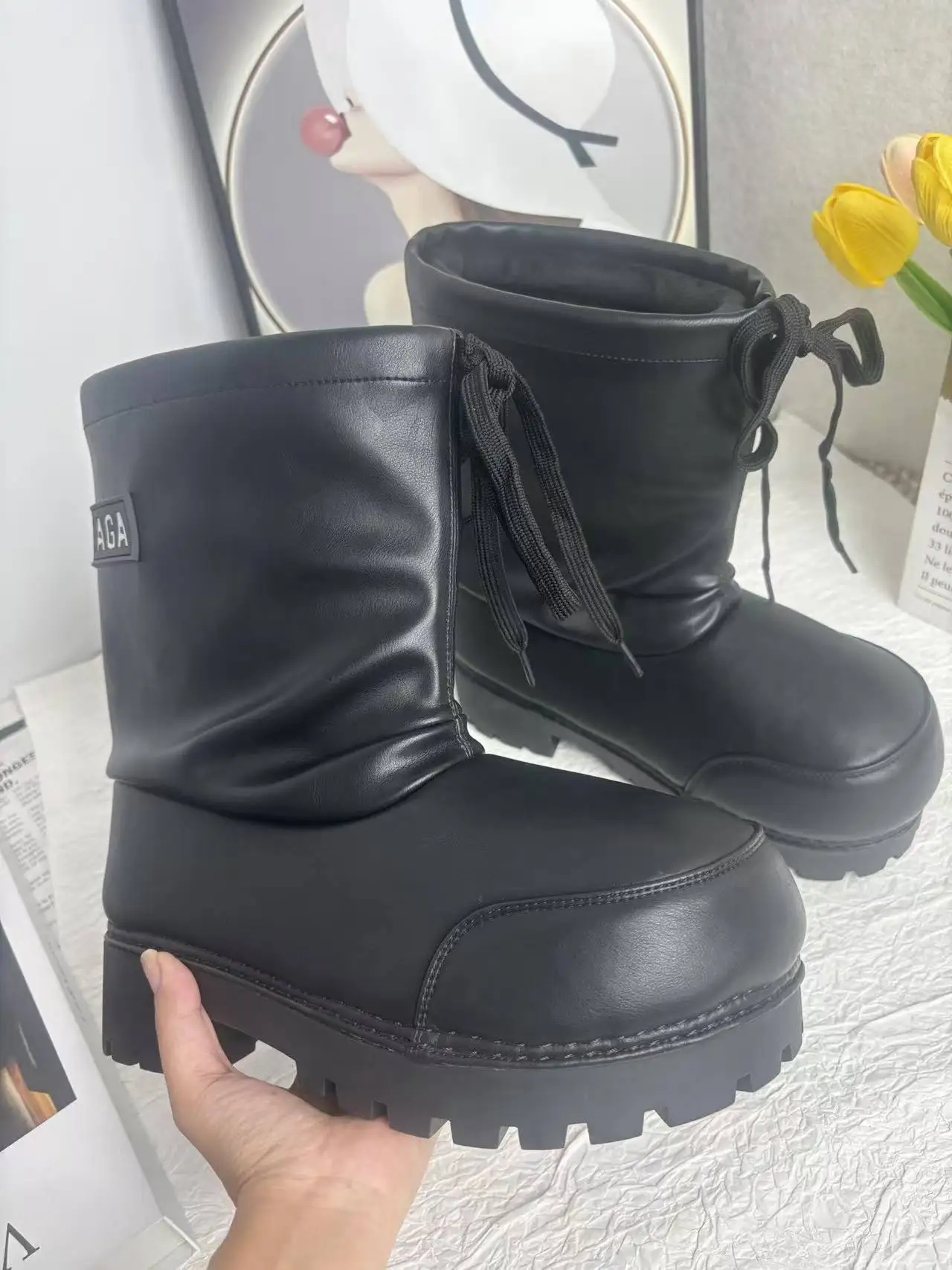 Modische Damen-Schneestiefel, Winter 2022, umgedrehte große Köpfe, hässliche Schuhe, Kordelzugriemen, dicke Sohlen, Baumwollschuhe, Größe 35–40