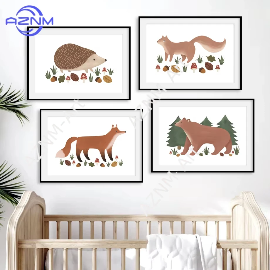 1 Stück Igel Fuchs Bär Eichhörnchen Wald-Alphabet Zahlen Blatt Wandkunst Ästhetischer Druck Leinwandgemälde Poster für Heimdekoration