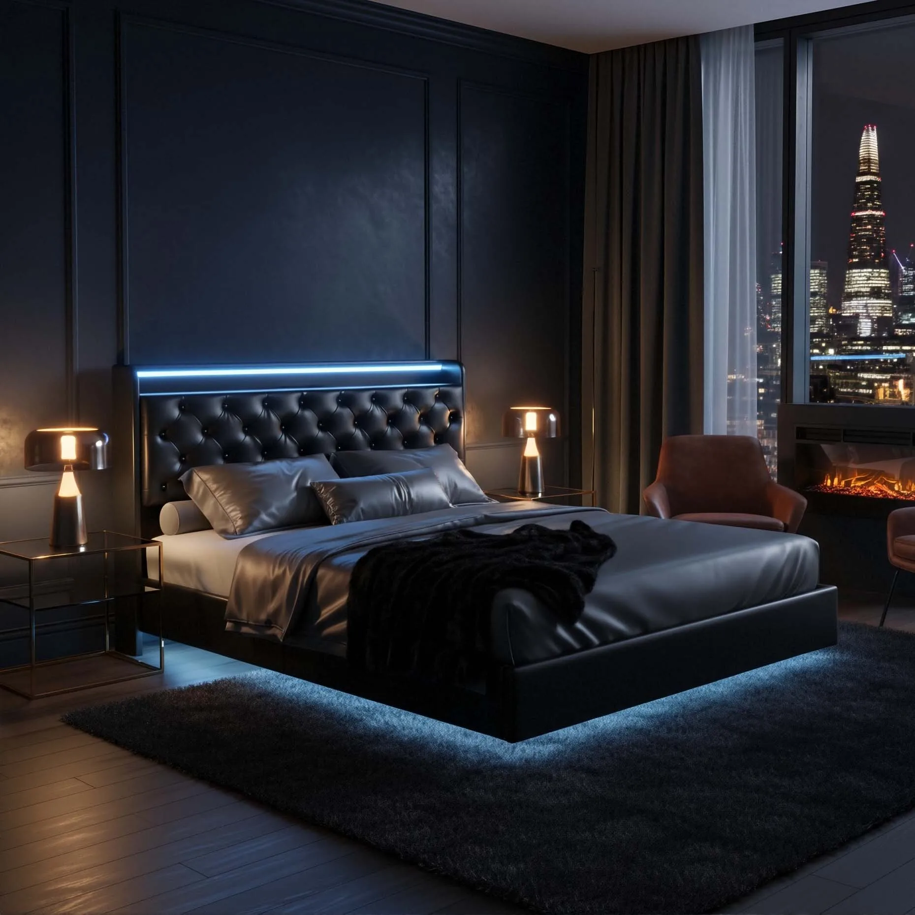 Schwebendes Bett 140x cm/160x cm RGB LED hydraulischer Kofferraum, Kopfteil mit Stauraum USB, Fright-Rahmen aus schwarzem Leder, modernes Design Image