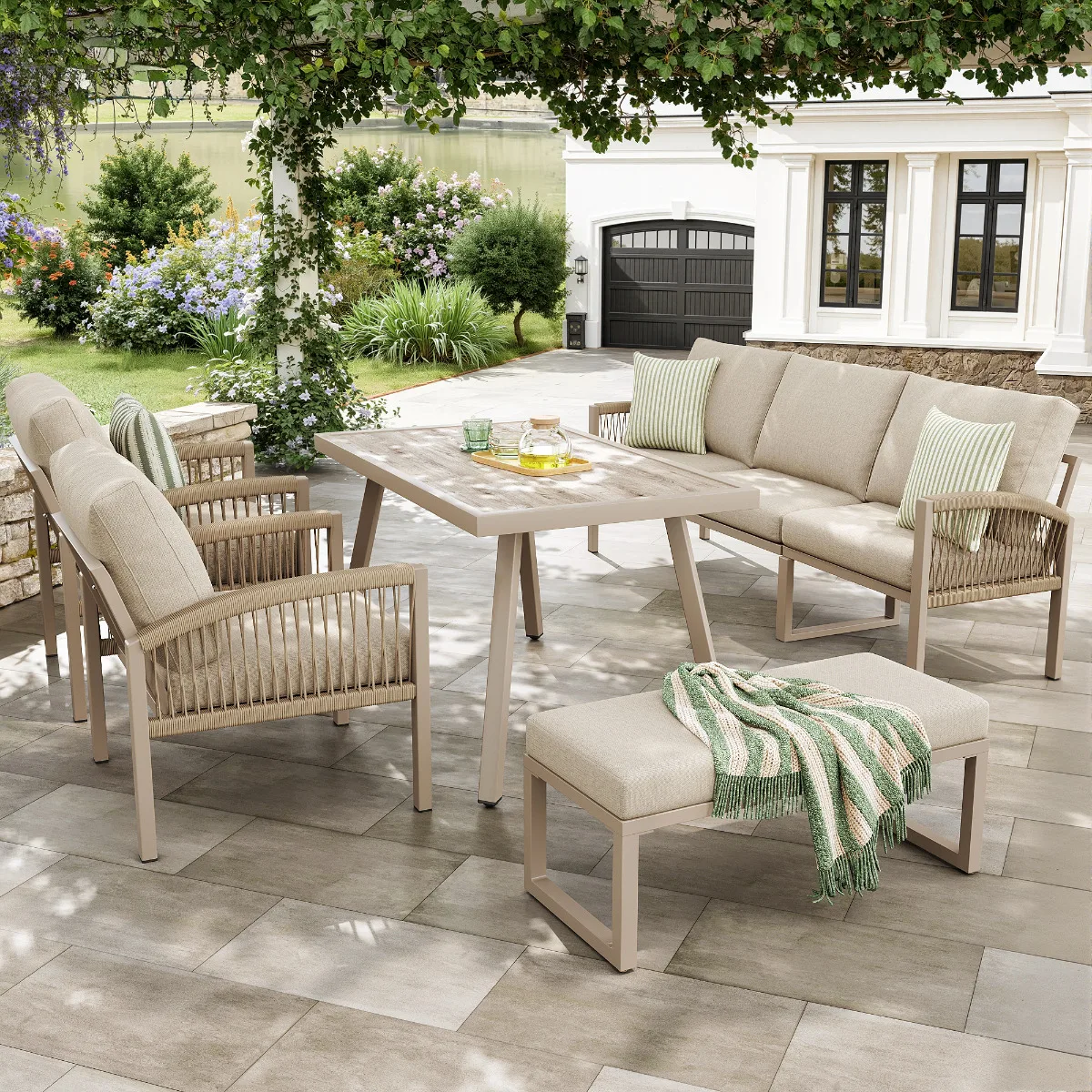 Handgewebtes 7-Personen-Gartensofa-Set, Eisenrahmen & Beige Kissen