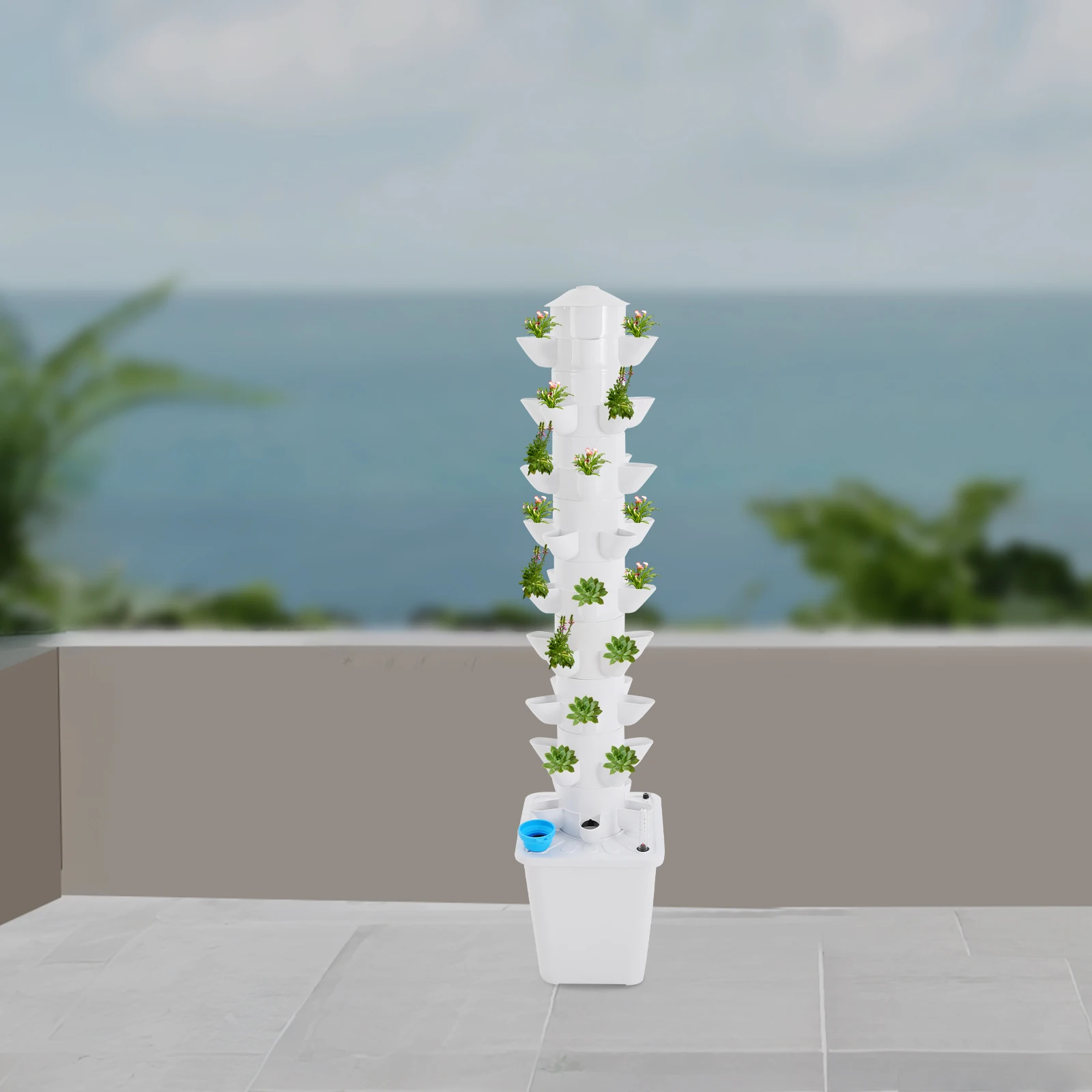 9-stöckiger Hydroponik-Turm mit 10L Wassertank und 45 Löchern, Erdloses Anbausystem für Hydrokultur-Pflanzen, Blumen, Obst und Gemüse Image