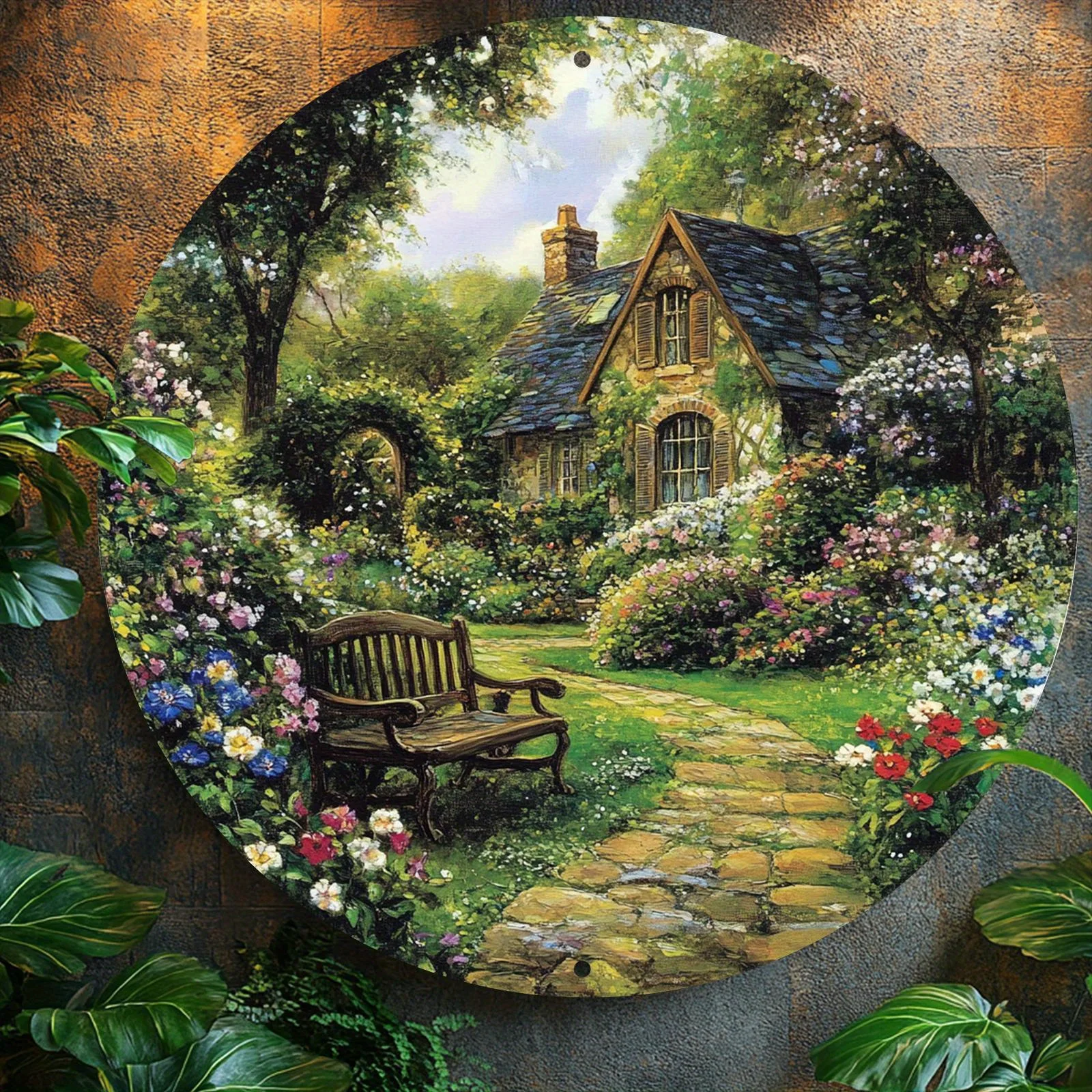 2D Flach – 1 Stück Vintage Country Cottage runde Aluminium-Wandkunst, 20,3 x 20,3 cm – Bezaubernde Gartenszene mit Steinweg, Blumen und Holz