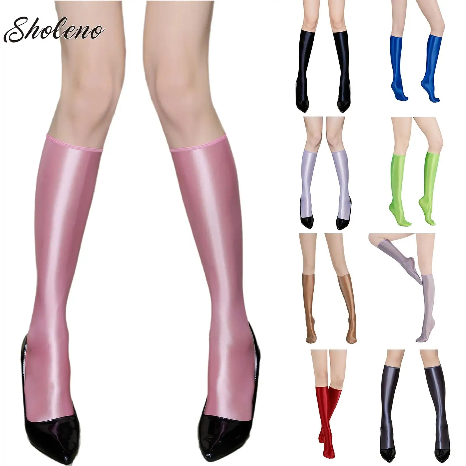 1 Paar Oberschenkelhohe Öl-glänzende Strümpfe für Herren und Damen, elastische, glatte Satinstrümpfe, lange sexy Socken, Nachtclub, Party, Dessous für Erwachsene Image