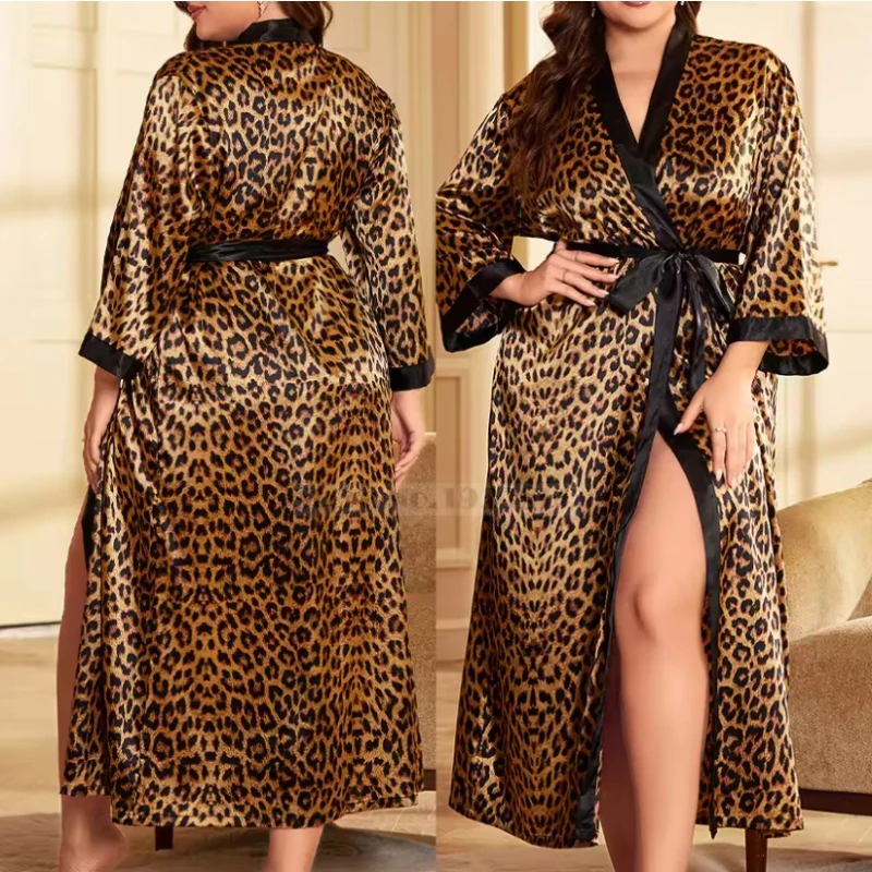 Plus Größe Sexy Leopard Kimono Bademantel Kleid Weibliche Lange Robe Nachthemd Nachtwäsche Lose Satin Hause Kleid Lounge Tragen 3XL 4XL 5XL Image