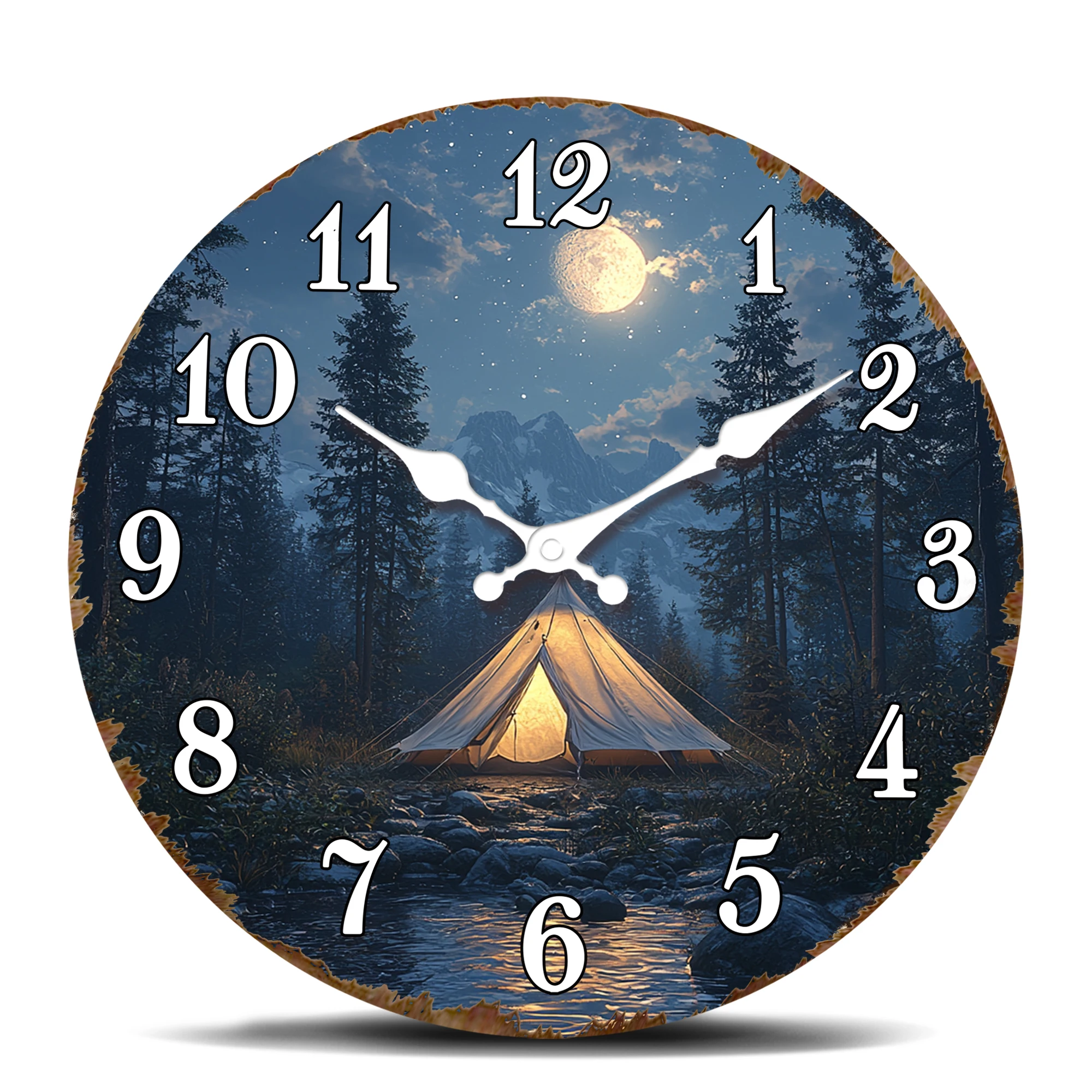 Mondscheinliche Berg-Camping-Szene-Wanduhr, ruhige Nachtlandschaft, runde Zeitmesser, geräuschlose, nicht tickende dekorative Uhr für Outdo Image