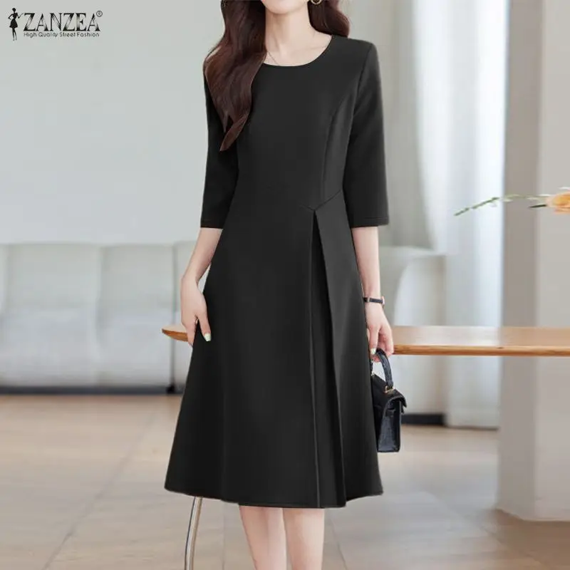 ZANZEA Elegantes schwarzes A-Linien-Kleid für Damen, O-Ausschnitt, 3/4-Ärmel, figurbetont, knielang, minimalistische Frühlingskleidung für Damen
