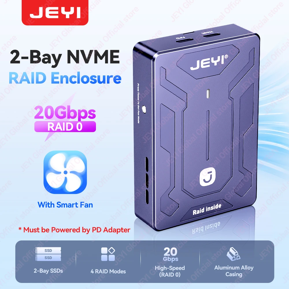 JEYI 2-Bay NVMe M.2 RAID-Gehäuse USB 4.0+RAID0(20Gbps) /Kompatibel mit Thunderbolt 4/3(10Gbps) Smart Fan 4 RAID-Modi 16TB Max Image