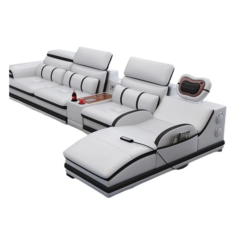 Ledersofa-Kombination für Wohnzimmer, große Wohnung, modernes, schlichtes Ecksofa, intelligentes Ledersofa, multifunktionales Massagesofa Image