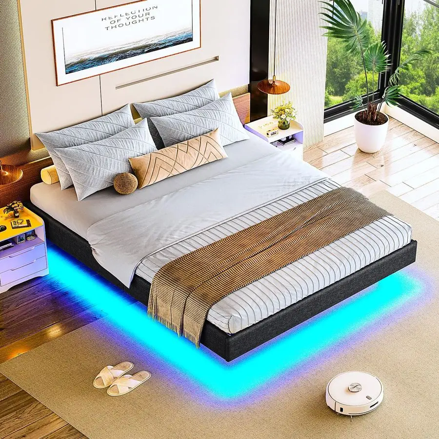 140 x 200 cm mit Holzlattenrost, Bettgestell 140 x 200 cm mit LED-Beleuchtung, Polsterbett 140 x 200 cm Bett mit grauem Lederbezug Image