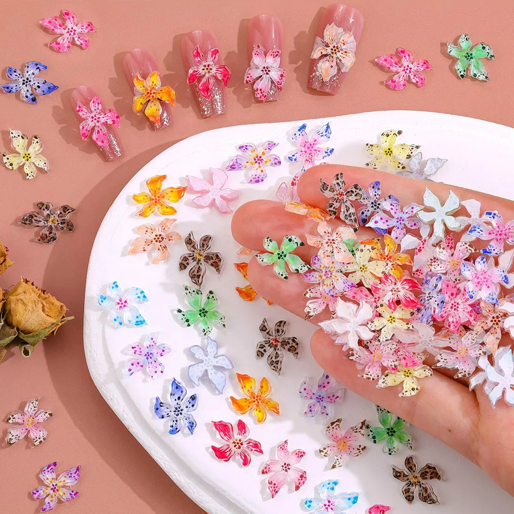 20/50 Stück 3D Mixed Lily Flower Nail Art Dekoration Farbverlauf Leopardenmuster Spot Floral Nail Charms DIY Handwerk Maniküre Zubehör Image