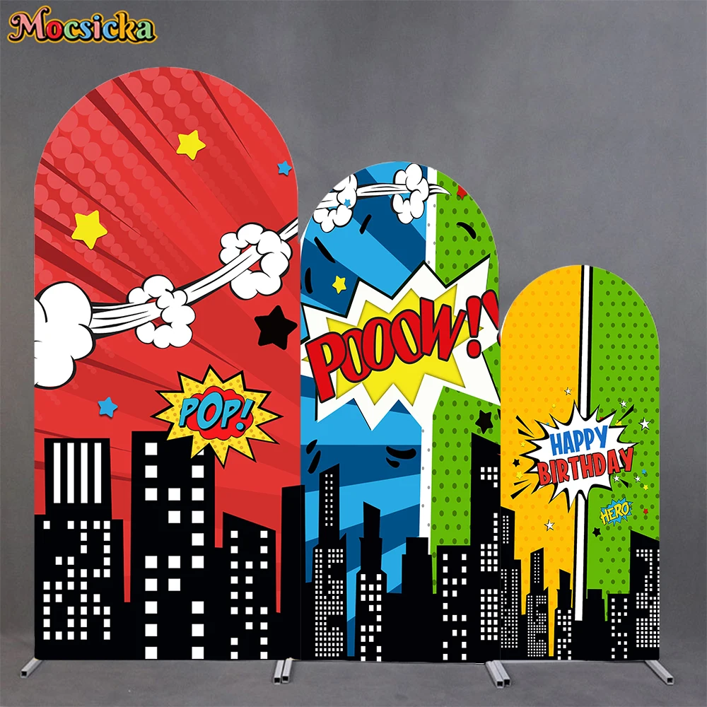 Mocsicka Happy Birthday Arch Cover Hintergrund, weich, elastisch, doppelseitig, für Babyparty, gewölbter Hintergrund, Superhelden, Party-Dekoration, Requisite Image