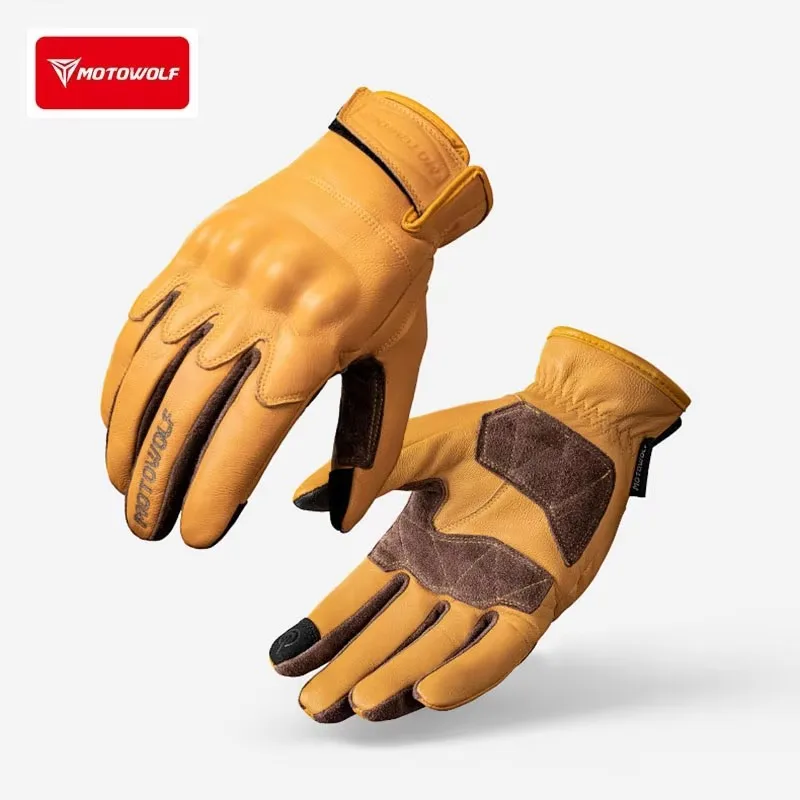 Leder-Motorradhandschuhe Retro-Fahrhandschuhe Vintage-Rider Rutschfeste Touchscreen-Schutzhandschuhe mit Knöchelschutz Winddichte Fahrrad- und Motocross-Handschuhe