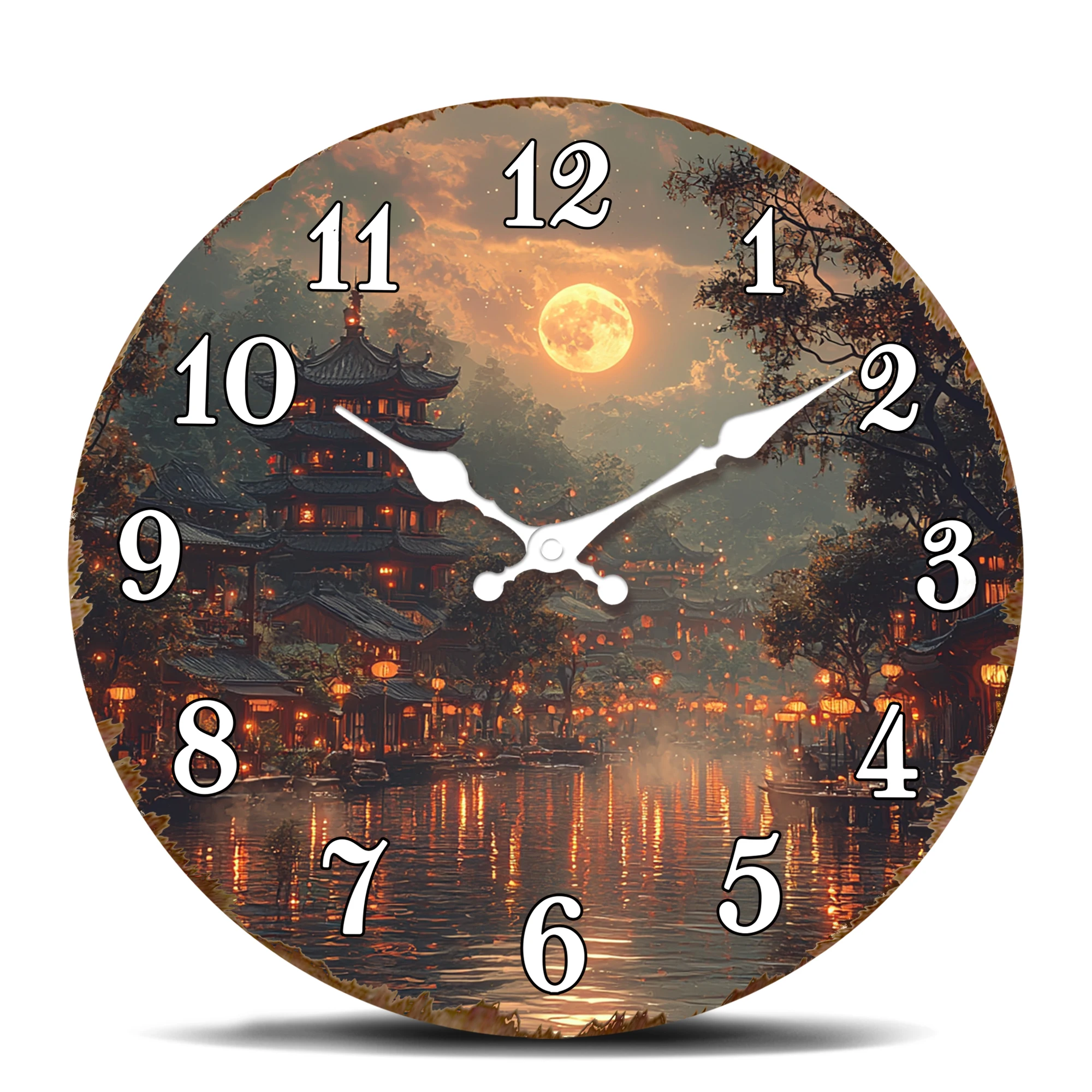 Ruhige Pagoden-Mondlicht-Wanduhr – traditionelle asiatisch inspirierte Landschaft mit Vollmond, ruhige runde Dekoruhr für Zuhause Image