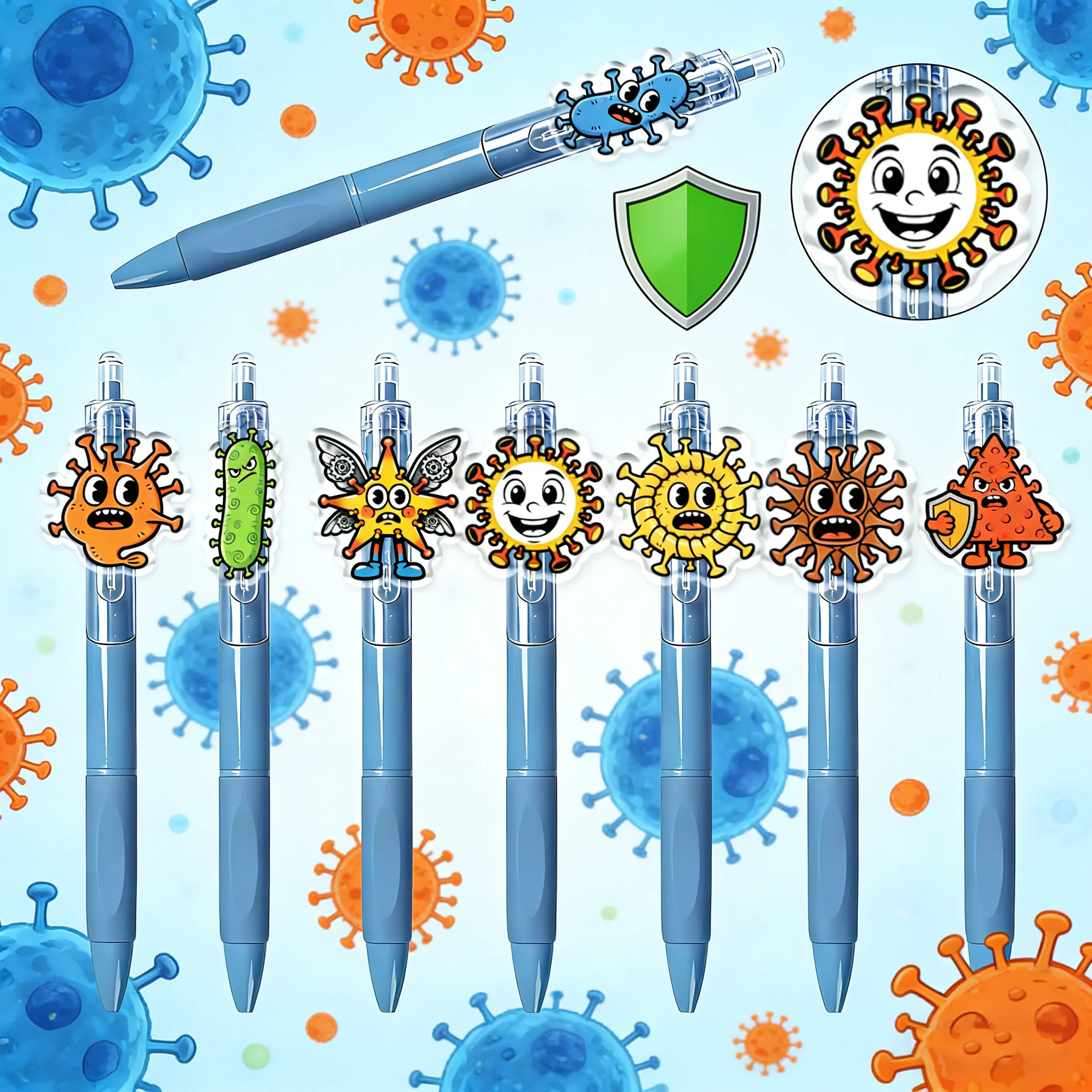 8 Stück/16 Stück Kugelschreiber mit Virusmuster-Patch für Notizen, glatte Markierung ohne Verschmieren Image