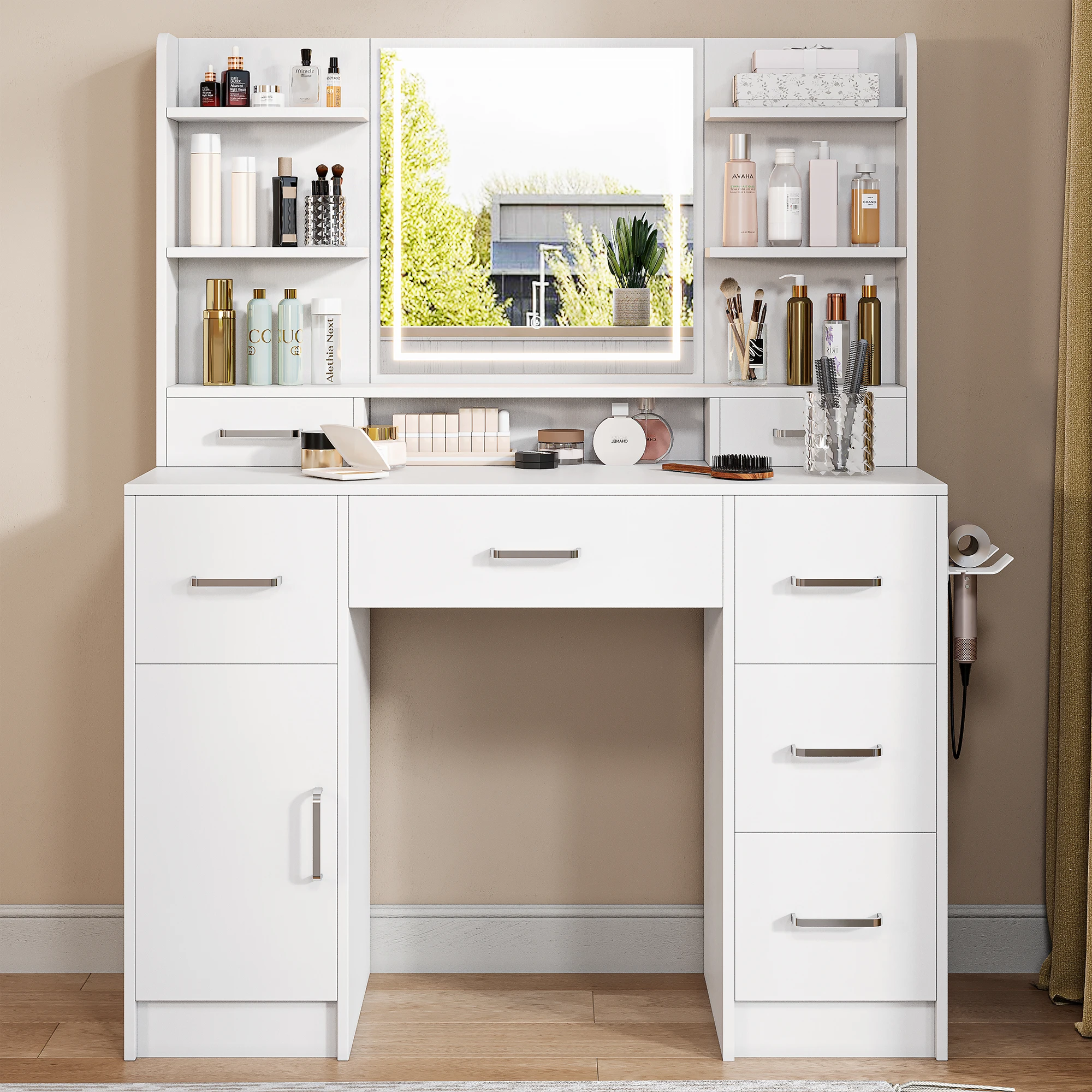 Comanlai Schminktisch mit Beleuchtung und Spiegel, Moderner Kosmetiktisch mit Schubladen und Offenen Fächern, Make-up-Kommode Image