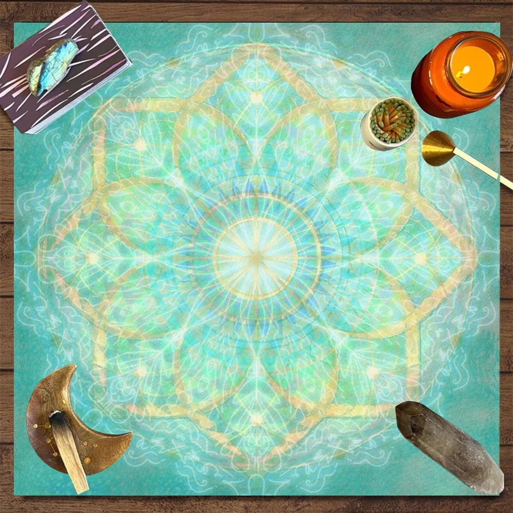 VIKAMA Tarot-Tischdecke, grünes Mandala-Muster – quadratische Tischdecke aus Polyester, ideal für die Raumdekoration und Partyspiele zu Hause Image