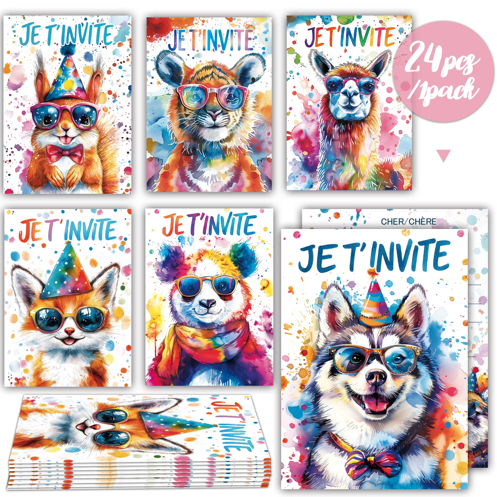 24-teiliges süßes Einladungskarten-Set mit Aquarell-Tier-Thema und Umschlag, Einladungskarte für Geburtstagsfeiern, dekorative Karte, sechs süße Ani Image