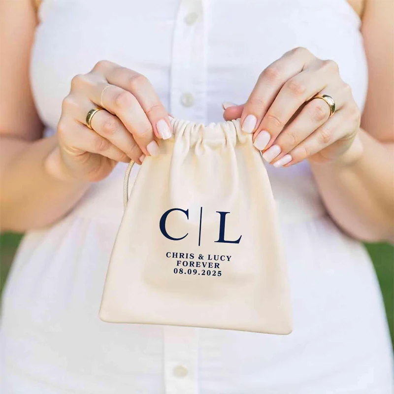 5 Stück personalisierte Geschenktüten mit Kordelzug, individuell gestaltbar mit Namen und Datum, für Hochzeit, Junggesellenabschied, Brautparty, Dekorationszubehör Image