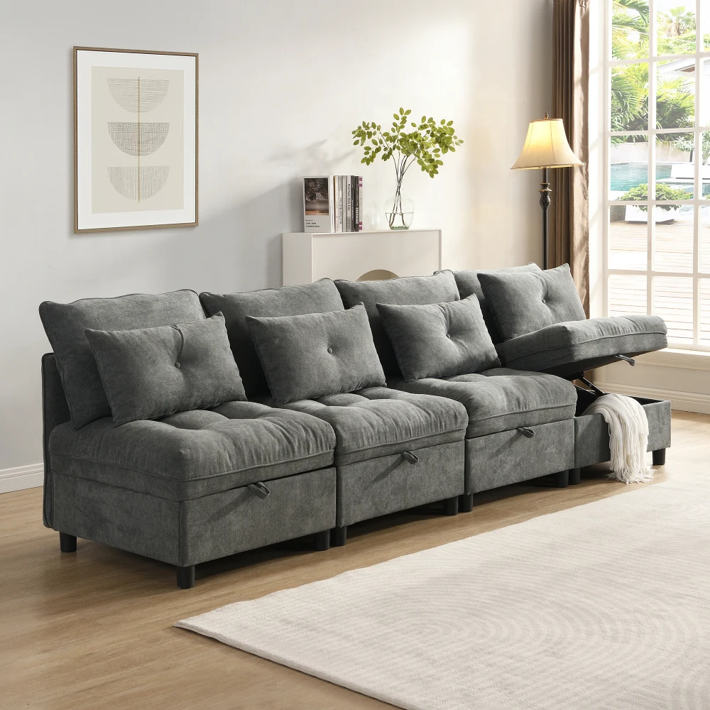 Modulares, trennbares 4-Sitzer-Sofa-Set – multifunktionales Schlafsofa, frei kombinierbar, Chenille-Bezug mit vollständiger Sitzkissen-Aufbewahrung