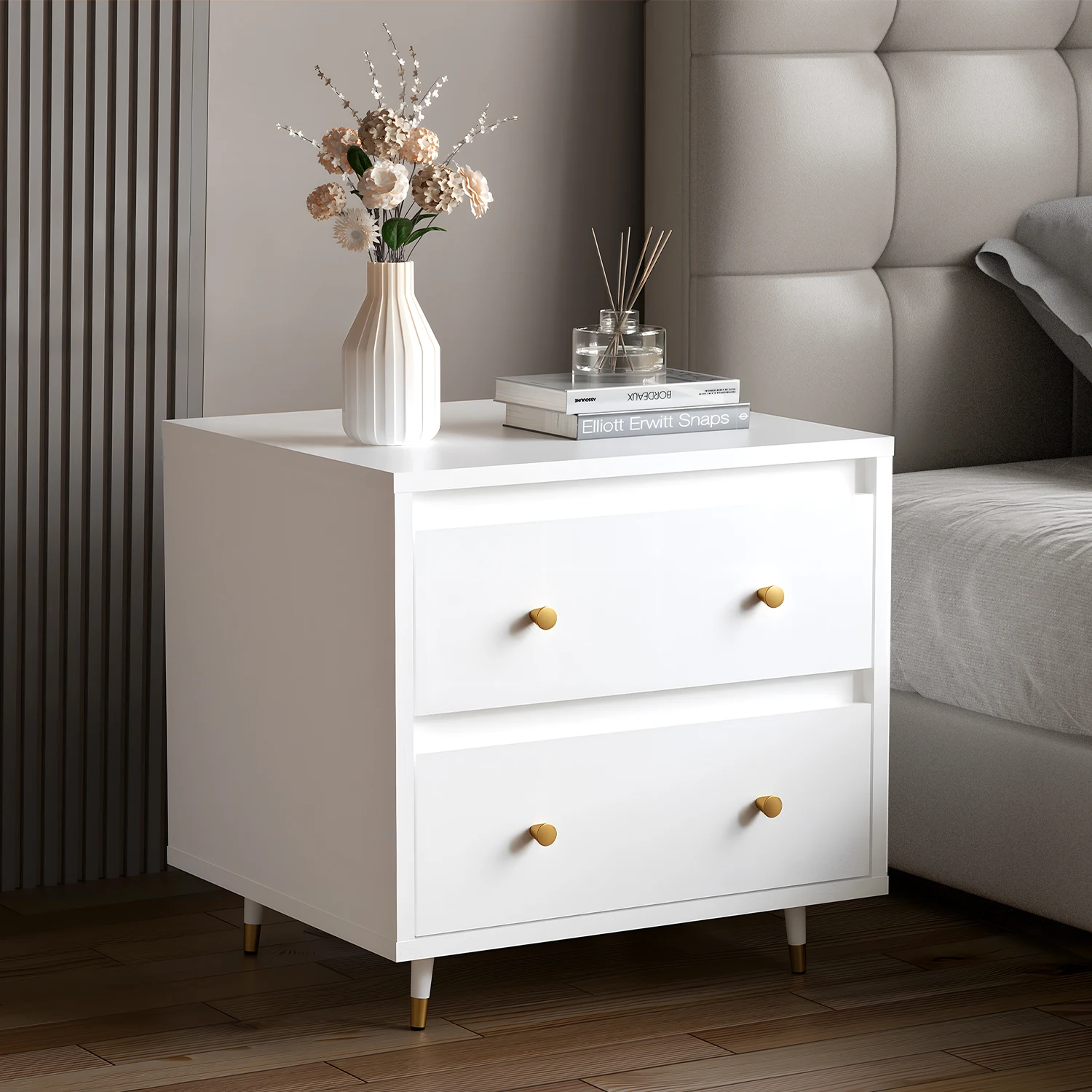 Daccormax Moderner weißer Nachttisch mit 2 Schubladen, wasserdicht, langlebig, leicht zu reinigen, geräuschlose Schienen, umweltfreundliches Holz für Zuhause. Image