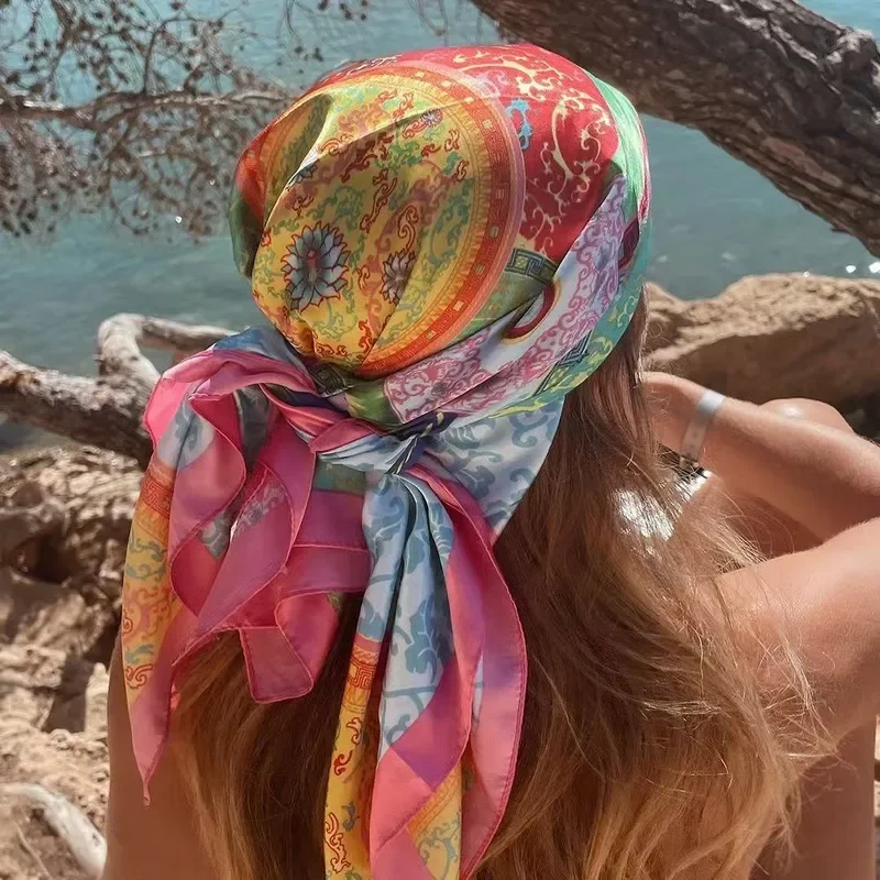 Fashion Square Silk Schal Frauen Luxus Marke Satin Druck Hijab Schals Pareo Bandana Weibliche Schal Wrap Stirnband Foulard 90*90 cm Image