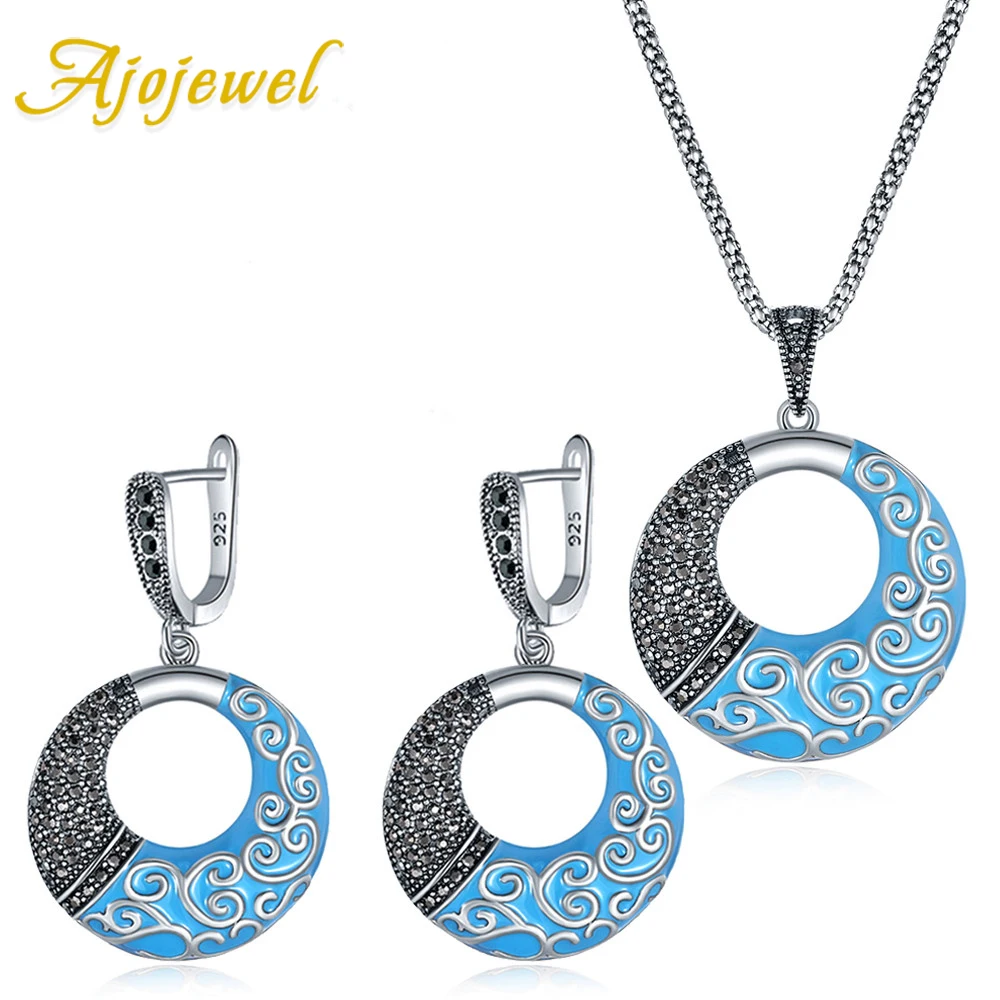 Größe 7, schwarz/blau Emaille, verheißungsvoller Wolkenring, Strass, runde Halsketten und Ohrringe, Set, Schmuck, Damen, luxuriöse Vintage-Geschenke