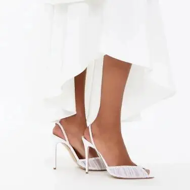 Elegante Frauen Weiß Schwarz Spitze Air Mesh Plissee Bling Kristall Spitz Peep Toe Slingback Pumps Dame Dünne Fersen Hochzeit Schuhe