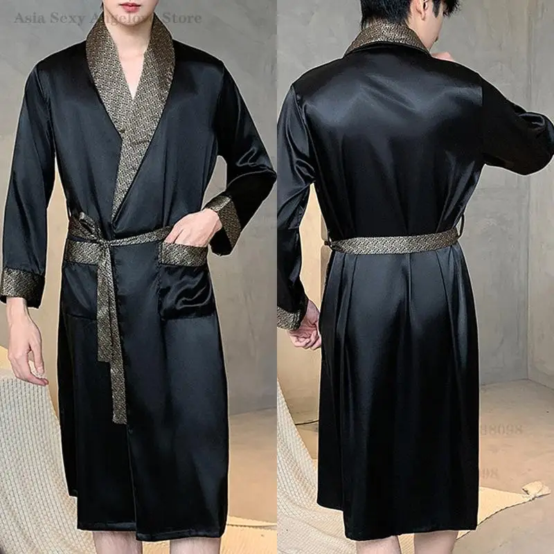 Herren-Bademantel, Nachthemd mit Langen Ärmeln, Kimono-Bademantel, Frühling-Sommer Seiden-Satin Schlafanzug, Locker Sitzende Nachtwäsche, Lässige Heimkleidung Image