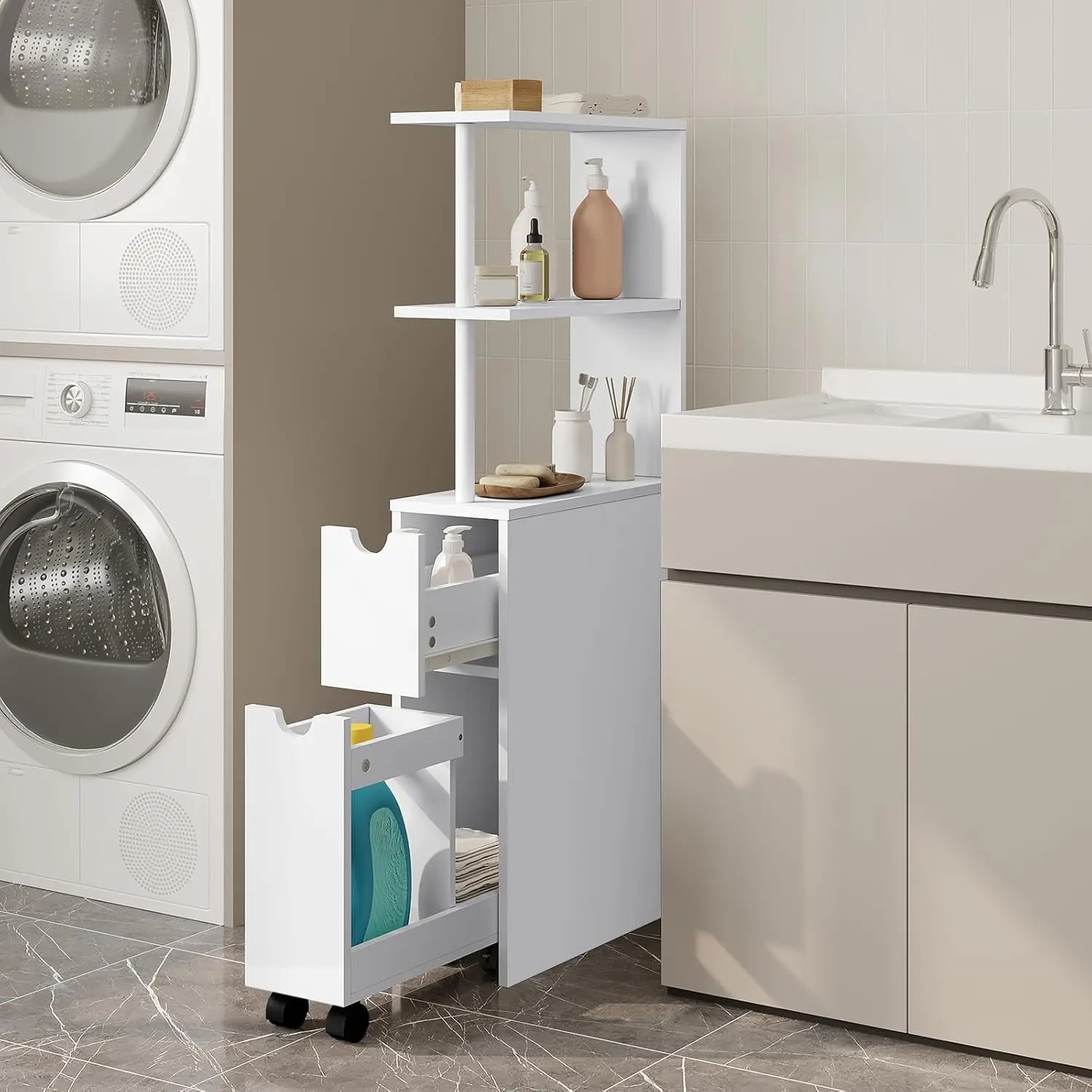 UGAD Nischenschrank Badezimmer, mit Schublade auf Rollen, offenes Ablagen, Badschrank Badezimmerschrank schmal, Seitenschrank K Image