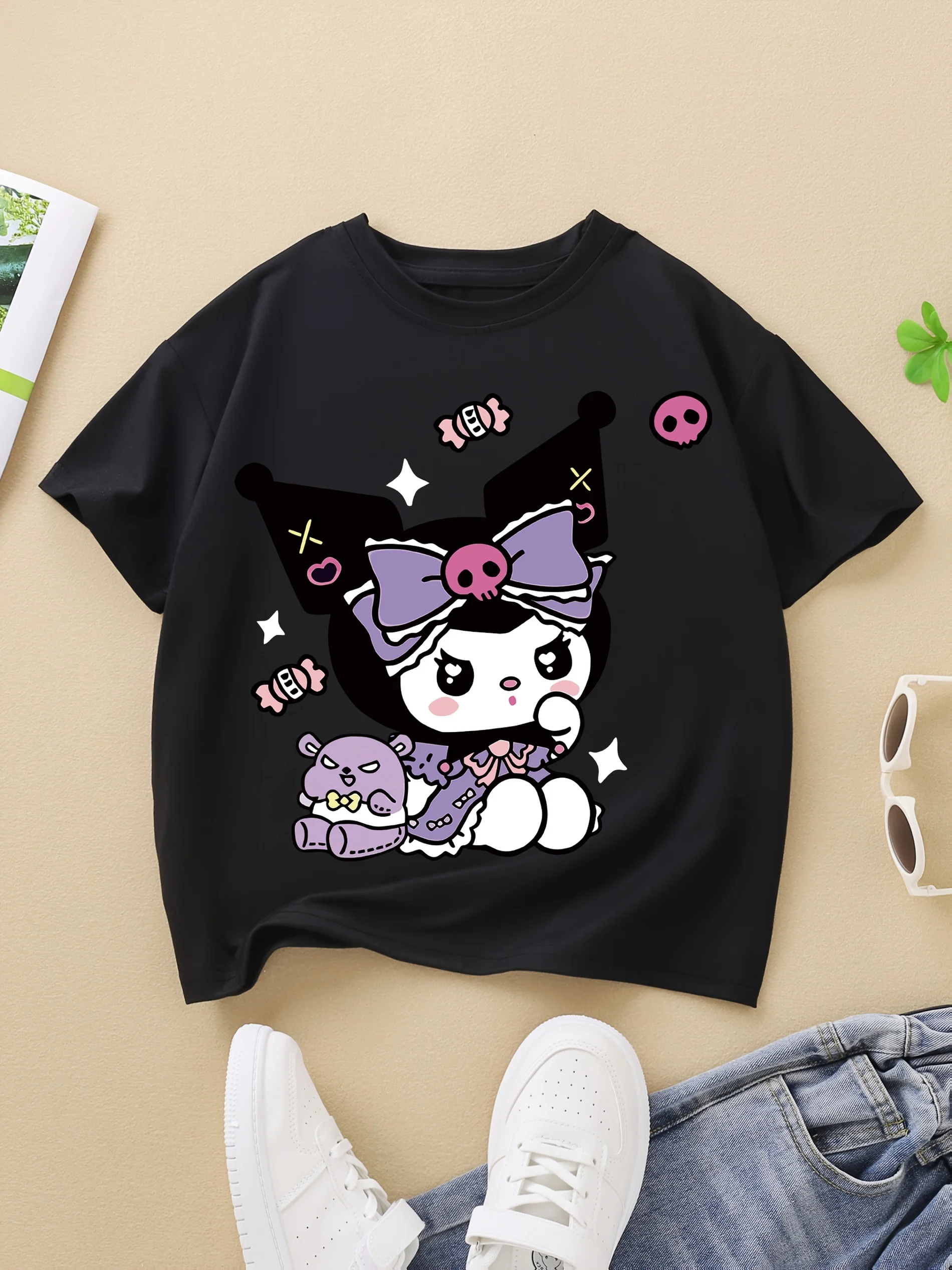Sanrio Kinder-Sommer-T-Shirt mit süßem Kuromimi-Print, leicht, atmungsaktiv, dehnbar, 100 % Baumwolle, Outdoor-Freizeit-Sportbekleidung Image