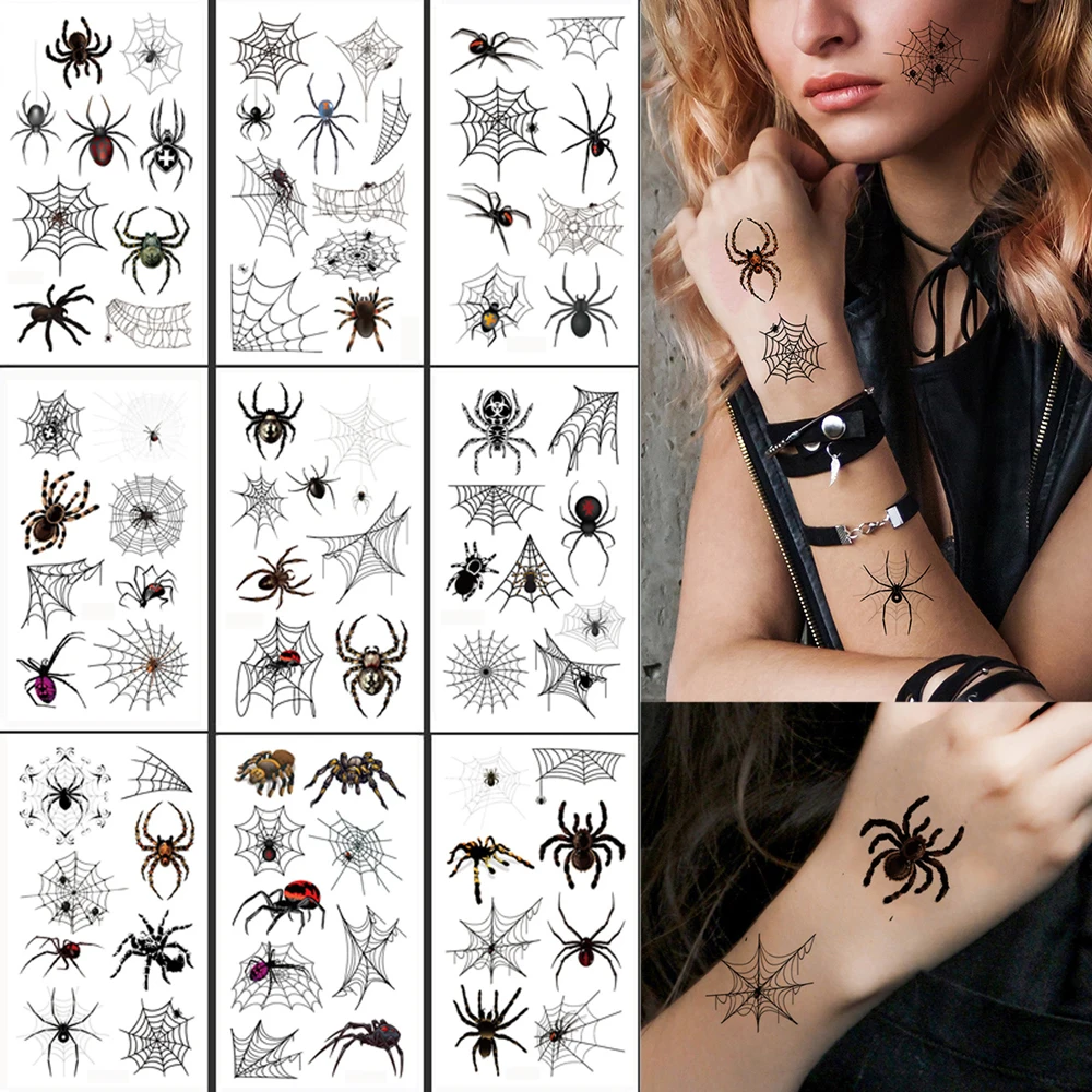 10 Blatt Halloween-Körper-Make-up-Tattoo-Aufkleber, temporäre Einweg-Tattoos für Halloween-Party, Spinnennetz, Fake-Tattoo Image