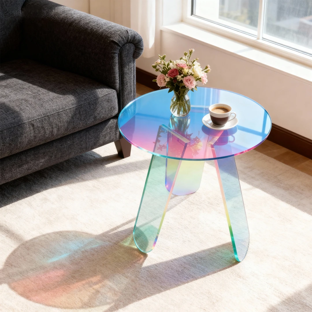 Schillernder Regenbogen-Acryl-Beistelltisch, runder Couchtisch mit PVC-Abdeckung und dreieckigen Beinen für Wohnzimmer, Schlafzimmer, Heimbüro