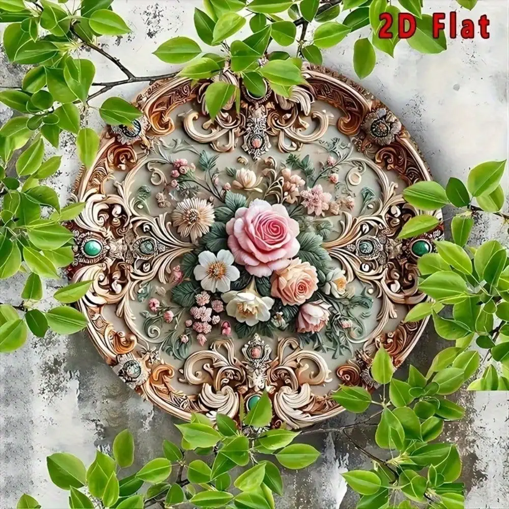 Vintage rosa Rosen-Metall-Wandkunst, 7,87 Zoll große Aluminium-Blumendekoration mit grünen Blättern, europäische 2D flache Innenraumdekoration