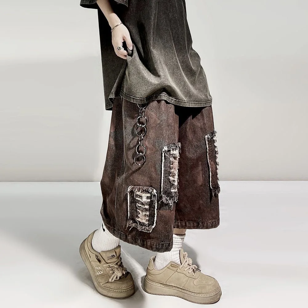 ARENS Ripped Loch Denim Shorts Herren Street Hip Hop Knielangen Hosen Harajuku Vintage Baggy Casual Breite bein Kurze männlichen