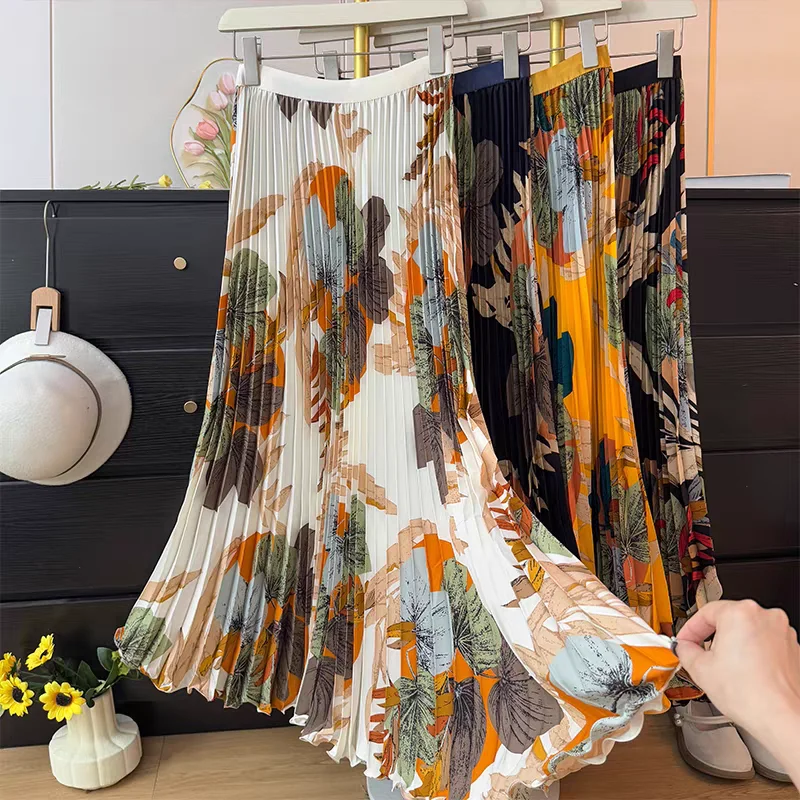 Süße Blumenfaltenröcke für große Frauen, Frühling und Herbst, klassischer A-Linien-Maxirock mit hoher Taille und vollem Schwung Image