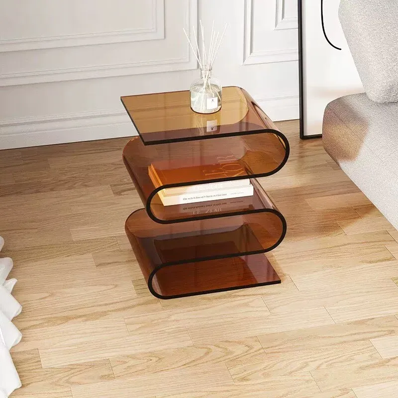 S-förmiger Couchtisch aus Acryl, Nachttisch, Aufbewahrungsregal, transparenter Sofa-Beistelltisch, Zeitschriftenständer Image