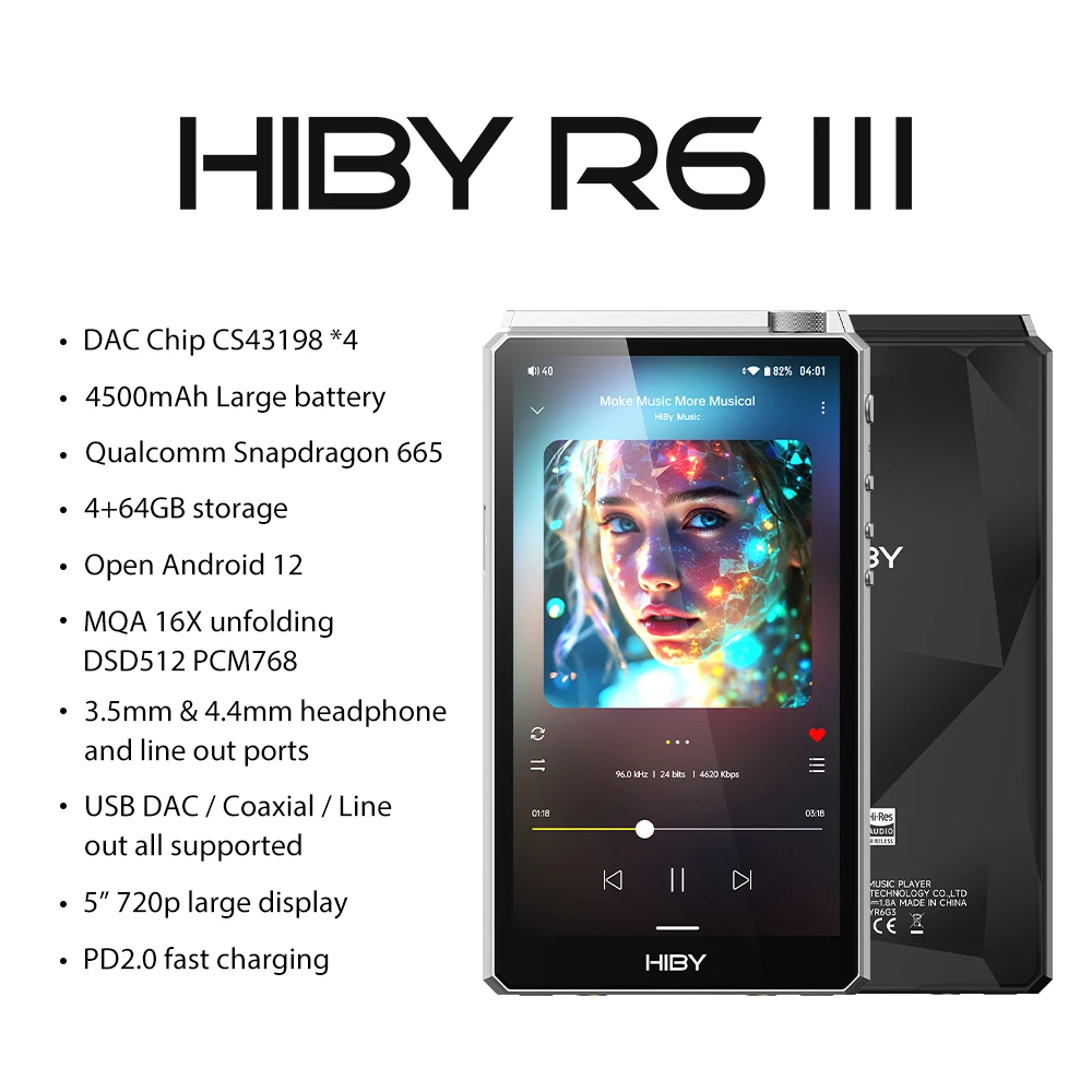 HiBy R6III 2026/R6 Gen 3 Android 12 Musik-Player MP3 USB DAC HIFI WiFi Bluetooth 5.0 CS43198 *4 MQA16x DSD512 PCM768 4500 mAh Image
