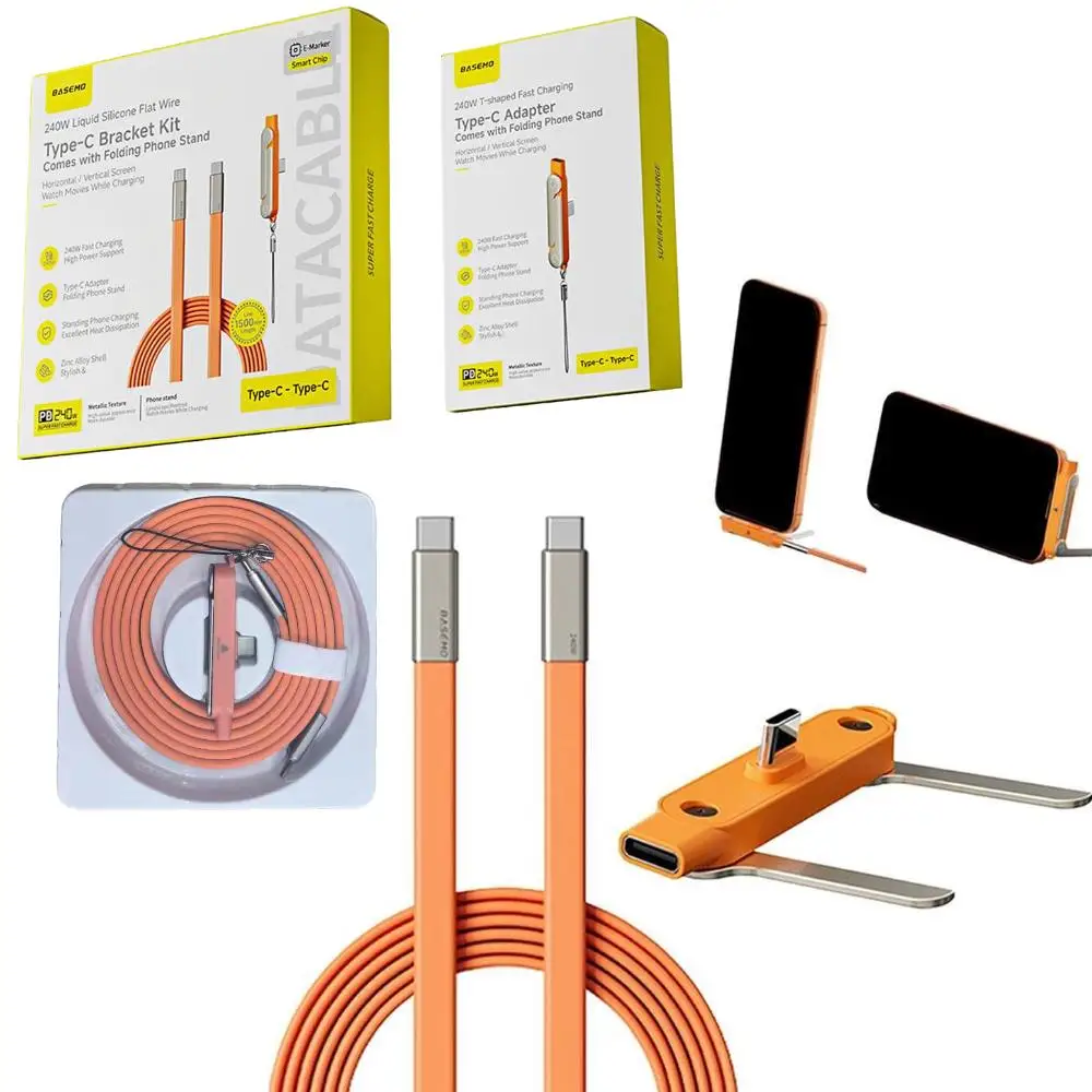 Typ-C-Halterungsset, 240 W, Typ-C-zu-Typ-C-Schnellladung, flaches Kabel aus flüssigem Silikon/Typ-C-Adapter, klappbarer Telefonständer für Spiele Image