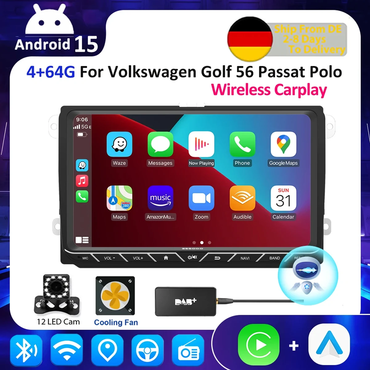 ESSGOO Android 15 Kabelloses Carplay Auto-Multimedia-Player Autoradio für Volkswagen Skoda Octavia Golf 5 Touran Passat Polo Jetta Image