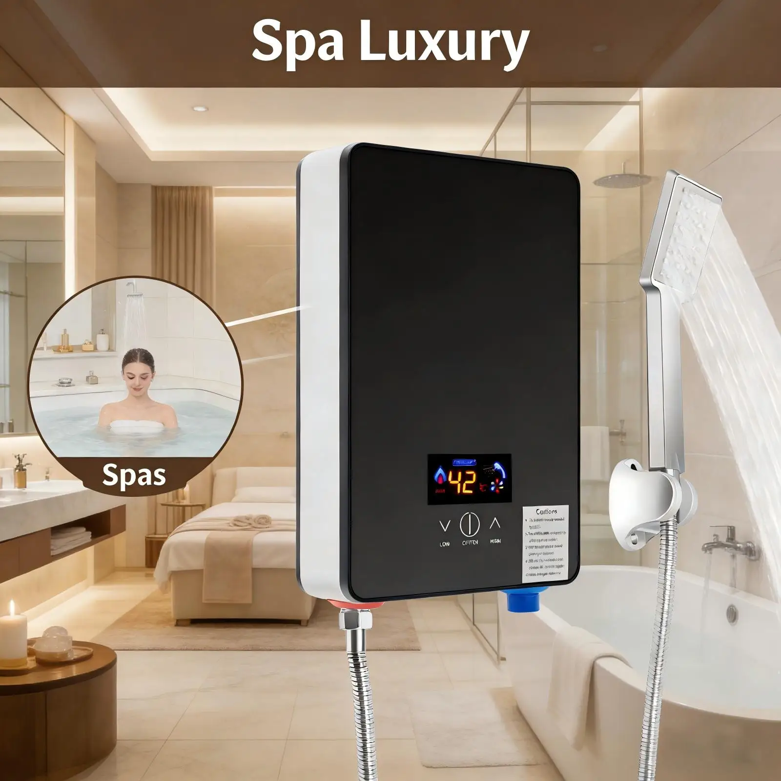 Schwarzer 6500-W-Warmwasserbereiter, 220 V, leistungsstarker elektrischer Durchlauferhitzer mit LED-Display für Küchen, Badezimmer usw Image