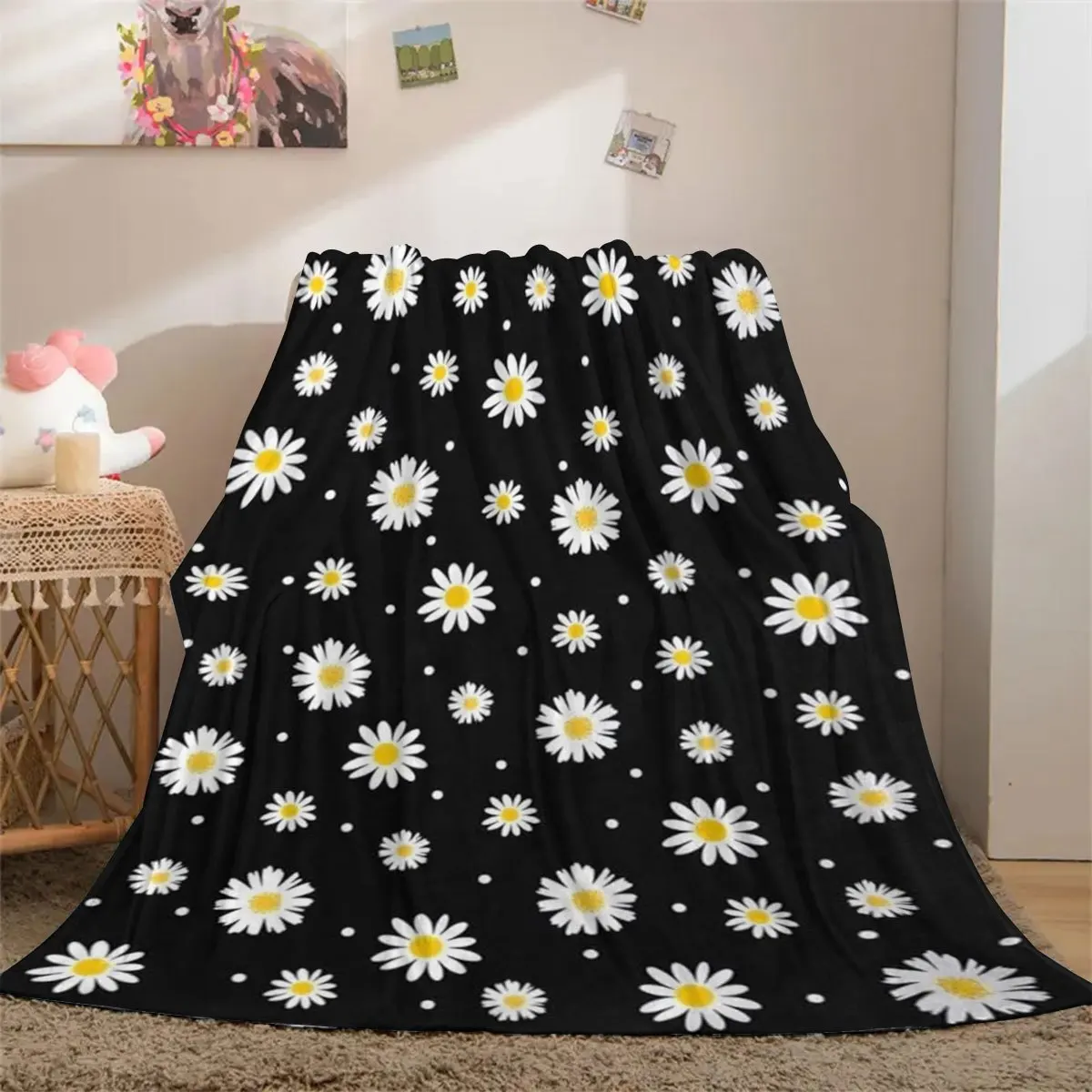 1 schwarz-weiße Gänseblümchen-Flanelldecke, einseitig, 2D-Druck, frische Decke, Schlafzimmer, Wohnzimmer, Picknick, charmantes Accessoire, Geschenk Image