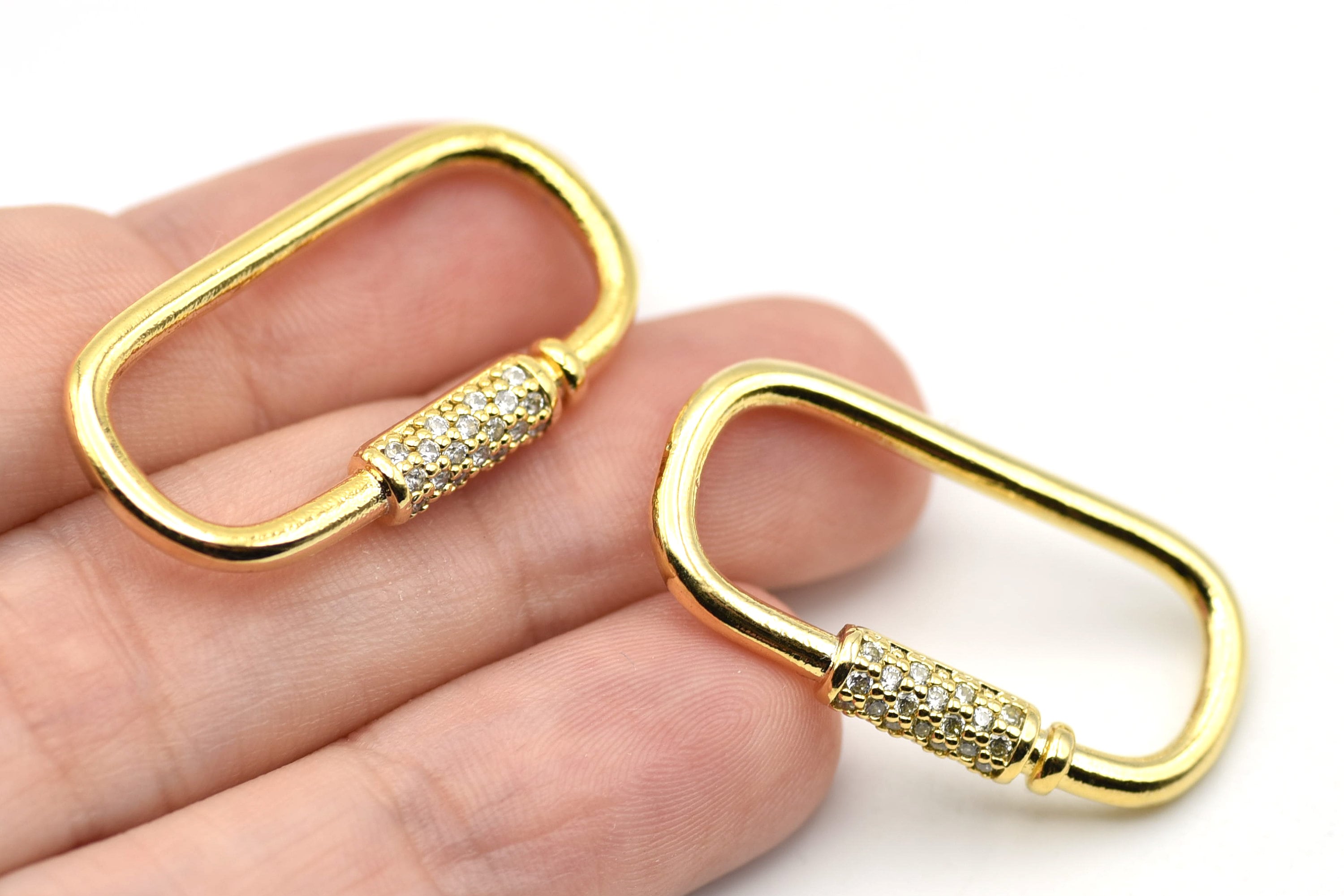 Chiusura ovale in oro lucido 24k da 30 x 16 mm, chiusura ovale con zirconi cubici, chiusura micro pavé, ciondolo con chiusura per collana in oro, chiu