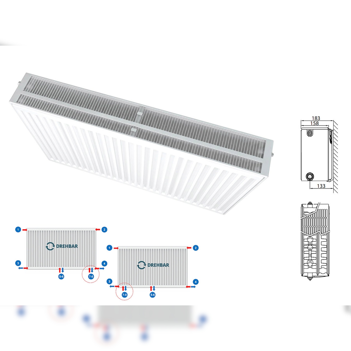 Belrad Typ 33 Universalheizkörper Ventilheizkörper Mittelanschluss mit 8 Anschlüssen 400 x 2000 (HxB)-3422W Image