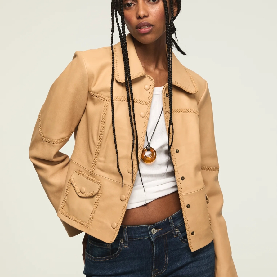 Lucky Brand Festival Braided Seamed Leather Jacket - Women's Clothing Outerwear Jackets Coats in Tan, Size XS