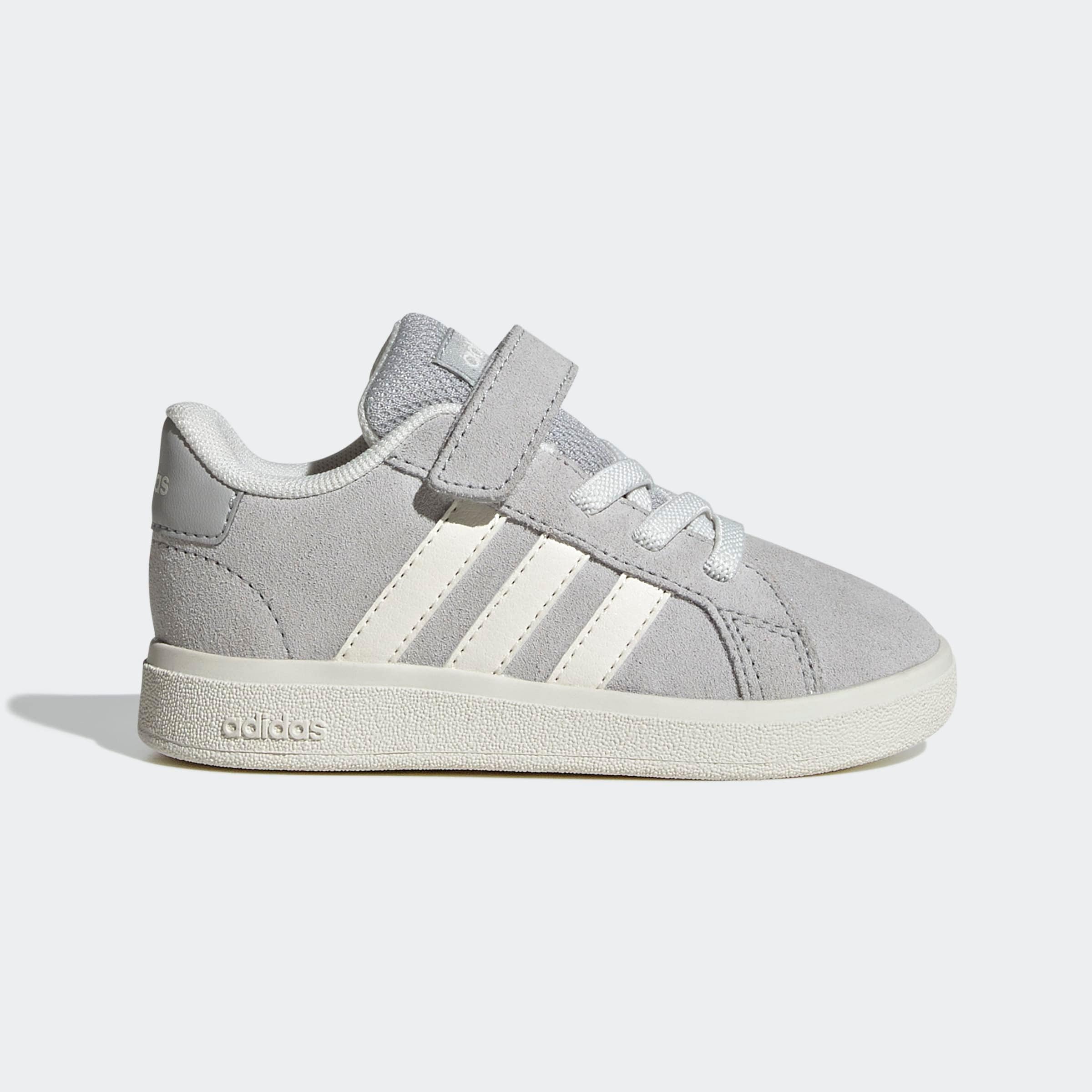 Klettschuh ADIDAS SPORTSWEAR "GRAND COURT 2.0 KIDS", Kinder, Gr. 21, grau two, sanftes weiß, ftwr weiß, Leder, Synthetik, Textil, Schuhe Klettschuh, für Kinder, mit Klettverschluss